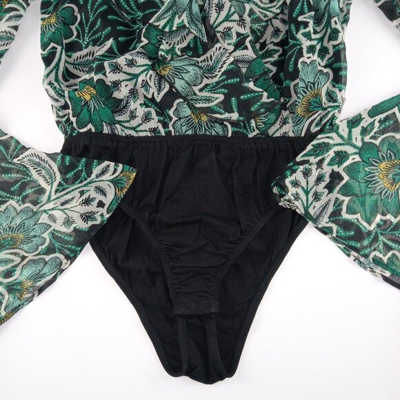 Band Of The Free Women's Wrap Front Bodysuit Size Small Black Emerald Floral - Picture 3 of 8